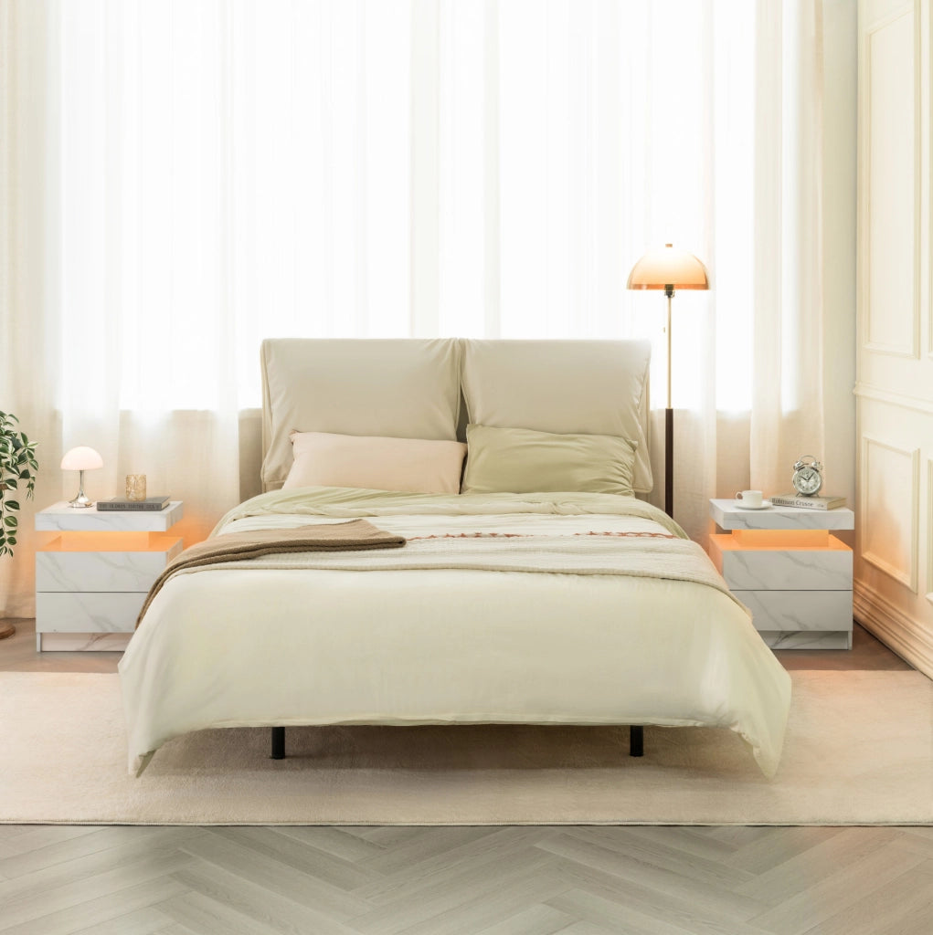Comodino moderno con LED multicolore, 2 cassetti, bianco opaco