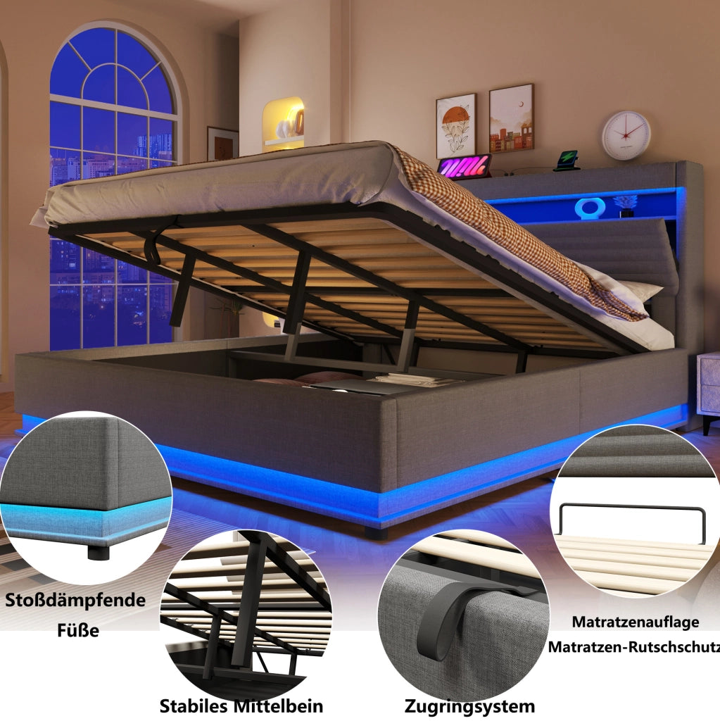Letto imbottito contenitore 180x200 cm con LED e ricarica integrata