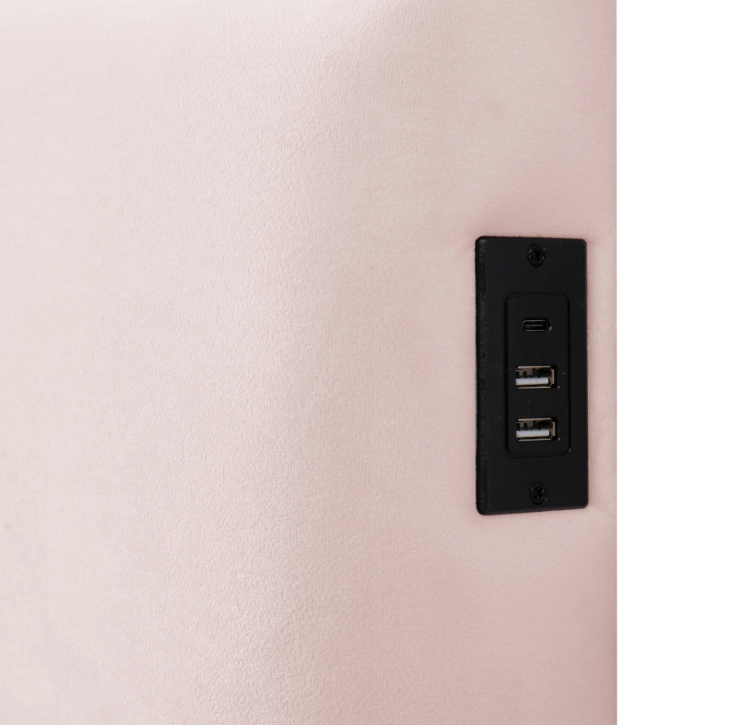 Letto singolo 90x200 cm con contenitore; rete a doghe e USB C; velluto rosa