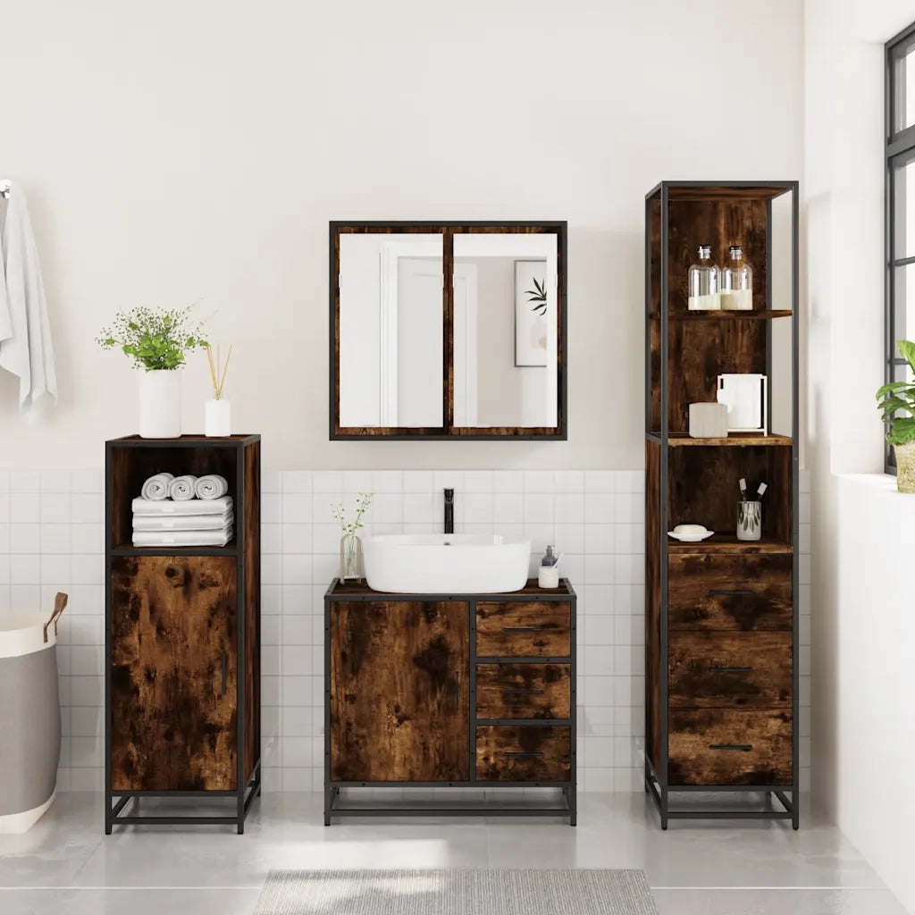 Set Mobili da Bagno 3 pz Rovere Fumo in Legno Multistrato 3301137