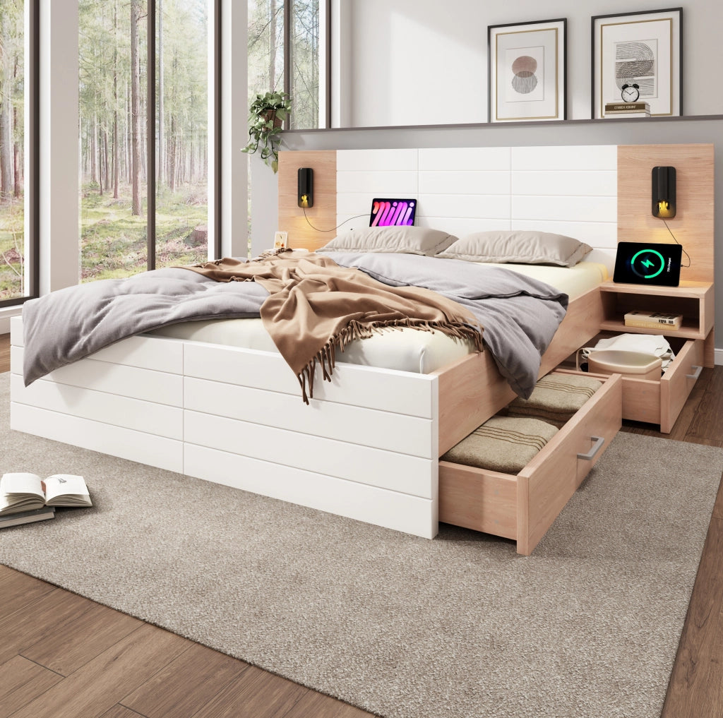Letto matrimoniale 180x200 cm con LED lettura USB e cassetti