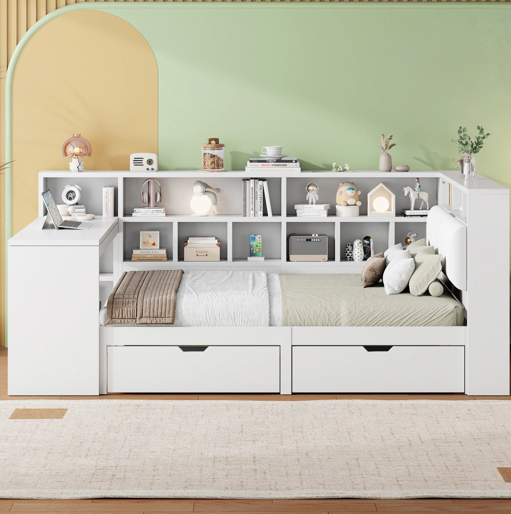 Letto a piattaforma L 140x200 cm con scrivania; libreria; LED e USB; bianco