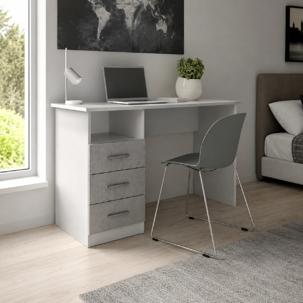 Scrivania con 3 Cassetti E Ripiano Lipsia Scrittoio da Studio o Ufficio Mobile Desk da Soggiorno Sala da Pranzo 120 x 72 x 48 cm Colore Bianco e Grigio Cemento