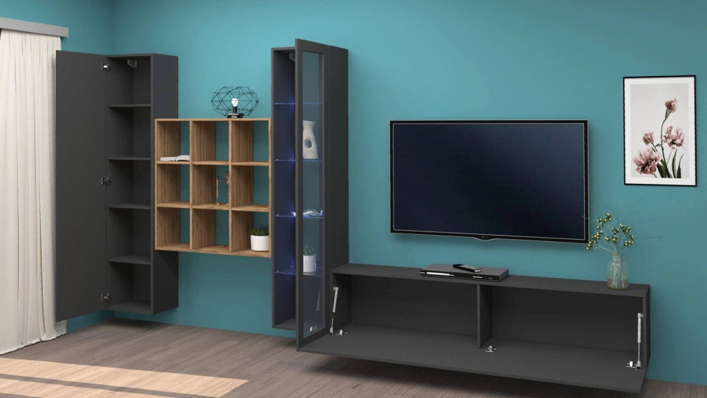 Emilio, Parete Attrezzata Modulabile Made in Italy, 30x310x180h cm Nero Antracite