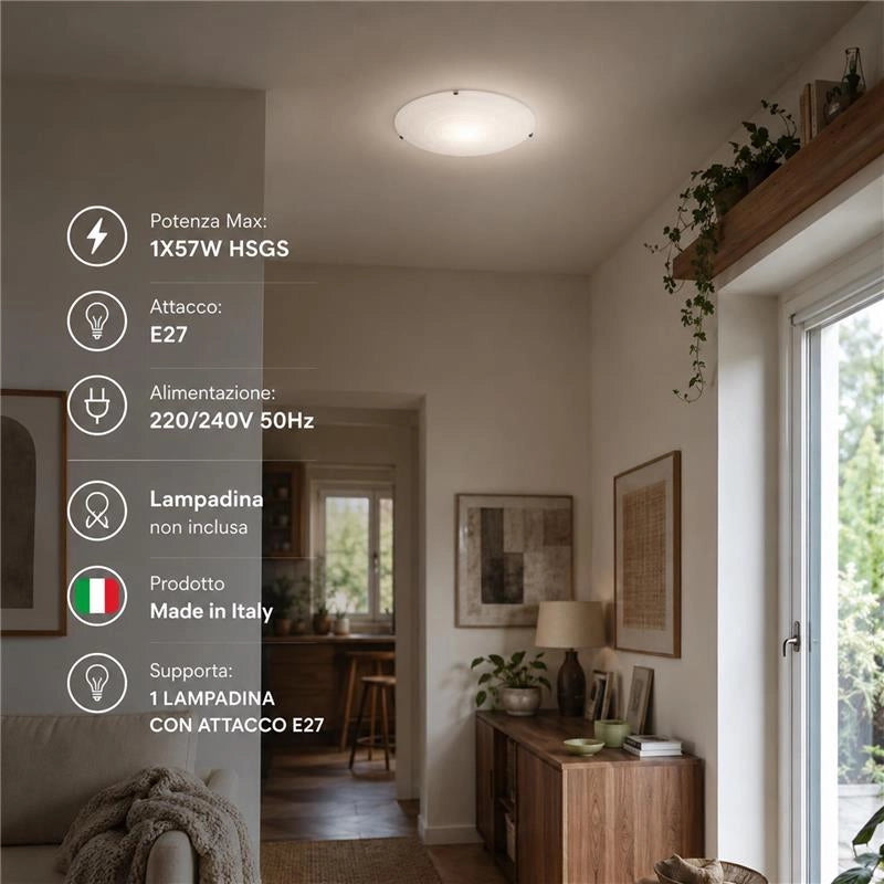 PLAFONIERA GISELLA 1XE27 GANCI CROMO VETRO LASTRA BIANCO DECORATO SPIRALE Ø30-P.10 CM