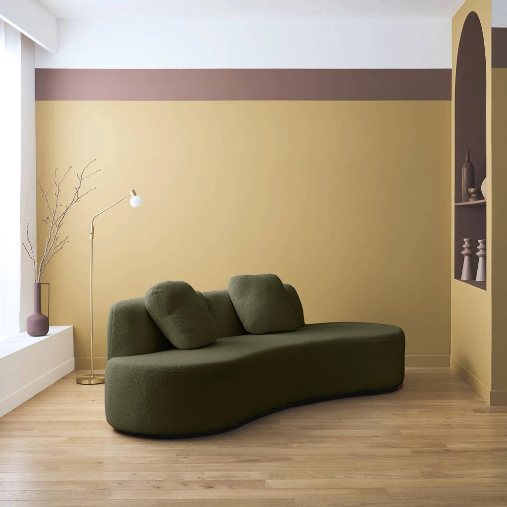 Divano virgola organico in bouclé, 3 posti, verde kaki