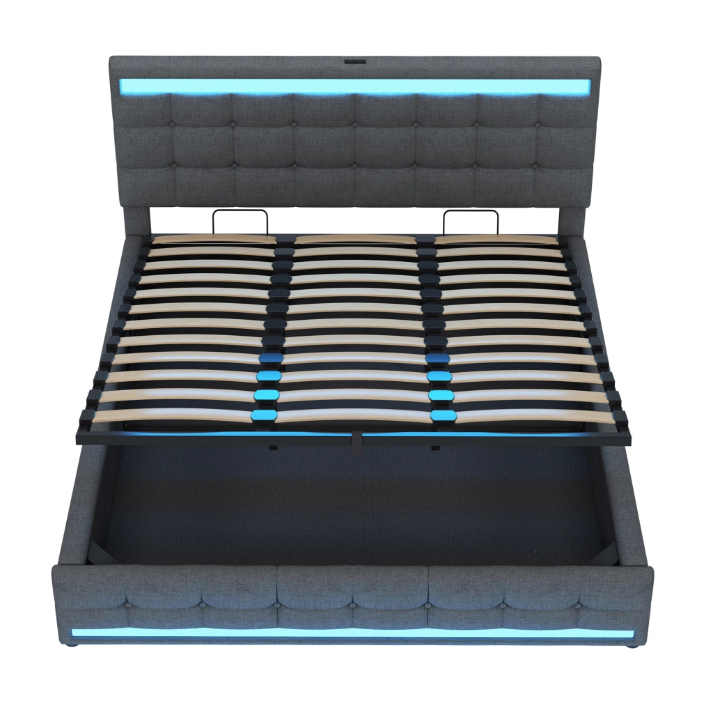 Letto imbottito con LED RGB, USB e contenitore integrato