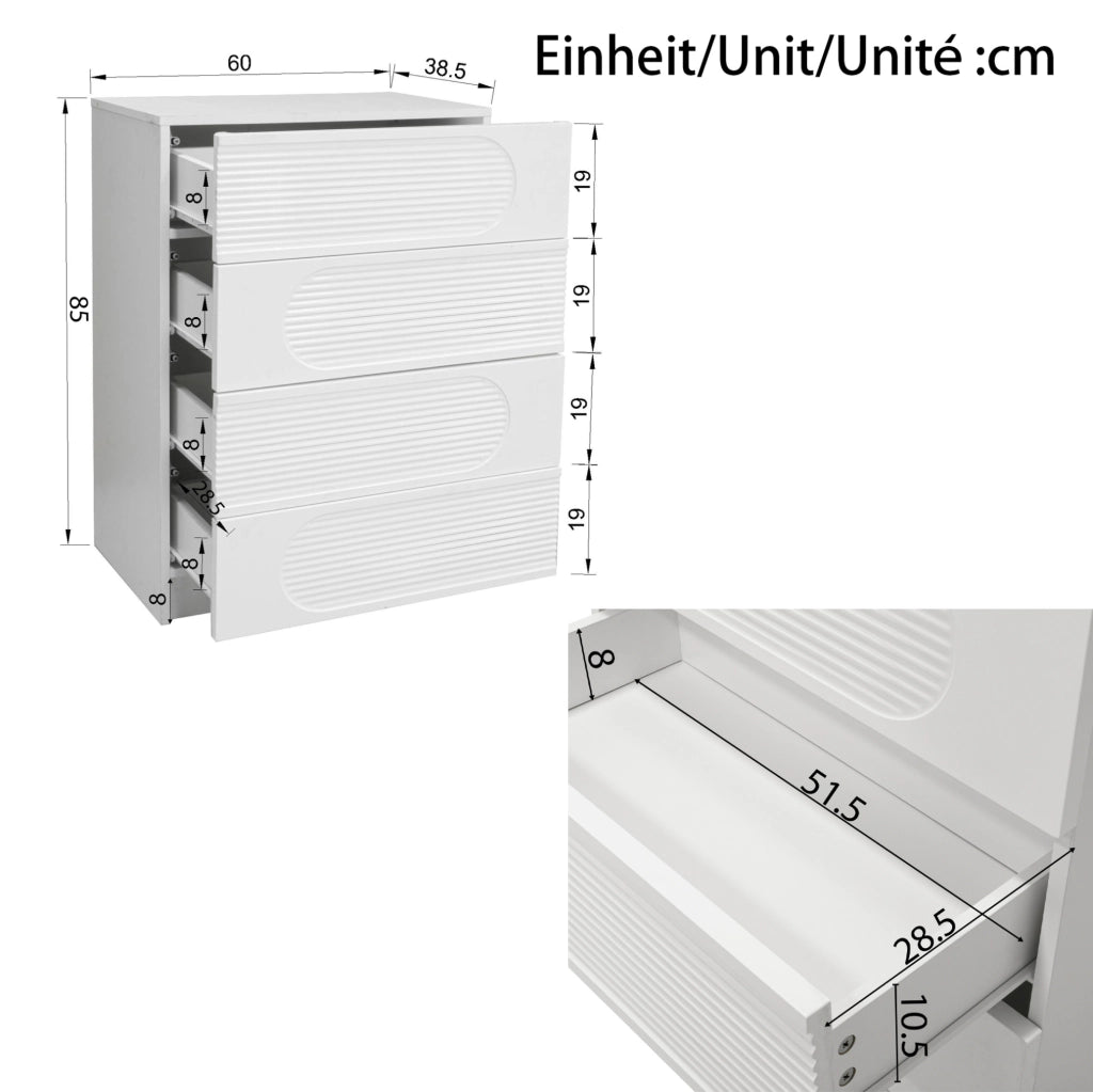 Cassettiera moderna a 4 cassetti 60x38;5x85 cm in MDF e truciolare bianco