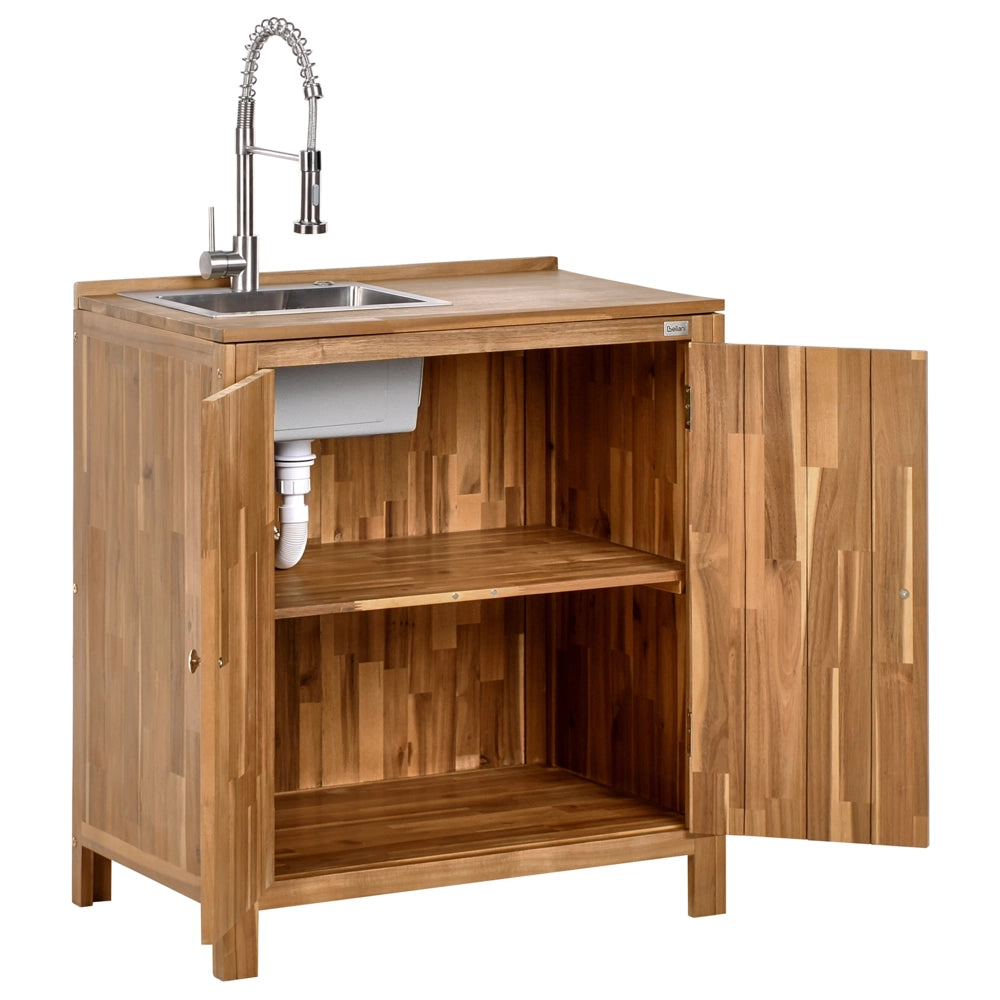 Mobile da cucina per esterni con lavello in legno d'acacia marrone e argento in acciaio inox 50 x 80 x 90 cm Cucina da giardino da pranzo