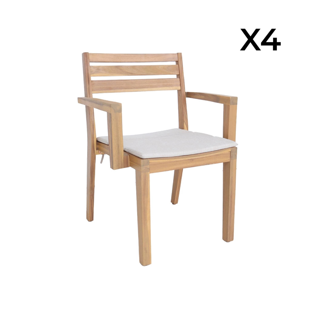 Set di 4 poltrone da giardino in legno di acacia con cuscino, beige