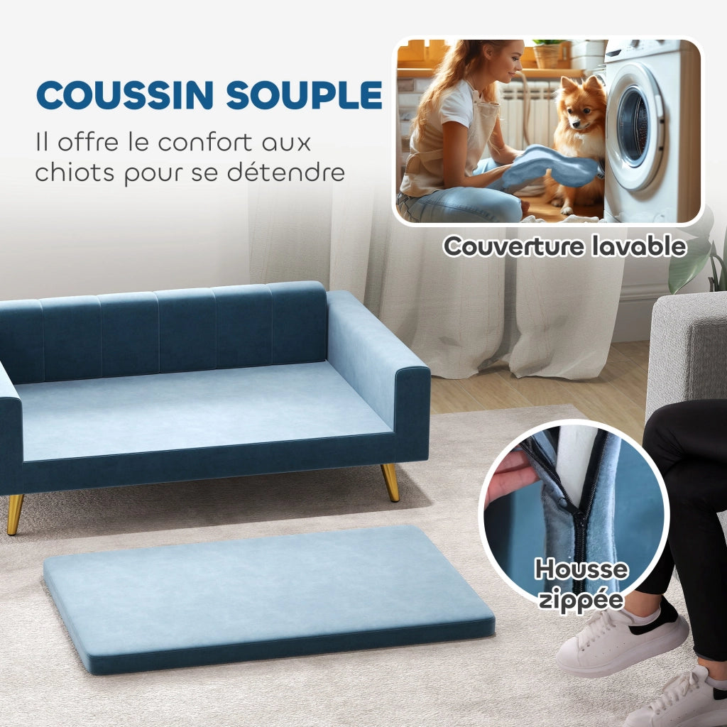 Letto per cani imbottito con cuscino ¨C Zephmum ¨C Blu velluto metallo dorato 94x60x32 cm