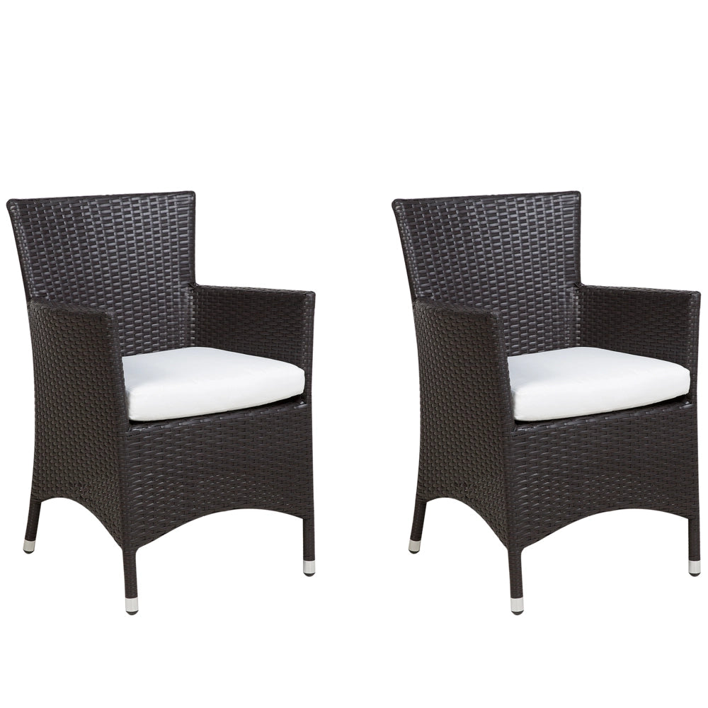 Set di 2 sedie da pranzo da giardino cuscini bianchi in finto rattan marrone
