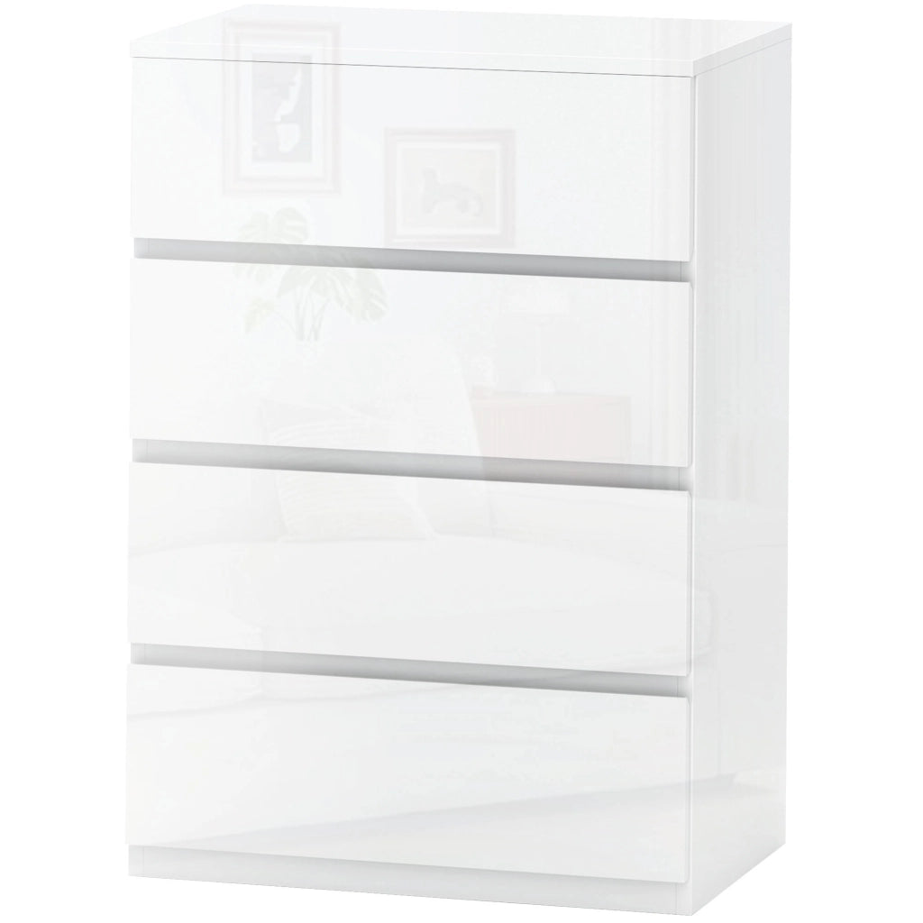 Cassettiera Moderna 4 Cassetti Antiribaltamento in Legno, 55x33x80 cm, Bianco Lucido