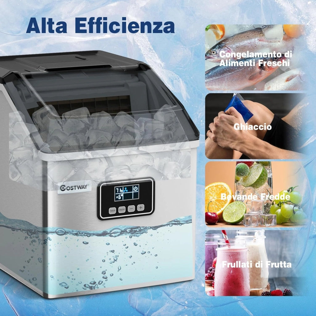 Macchina del Ghiaccio in Acciaio Inox, Macchina del Ghiaccio Elettrica con Paletta e Castello, Produzione 18kg/24H, Ideale per Casa e Ufficio