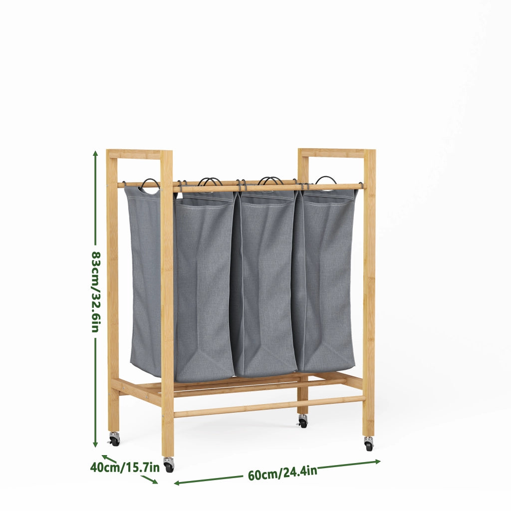 Cesto portabiancheria in bambù con 3 scomparti, 90 L, con ruote, sacco removibile, colore Carbone/Naturale