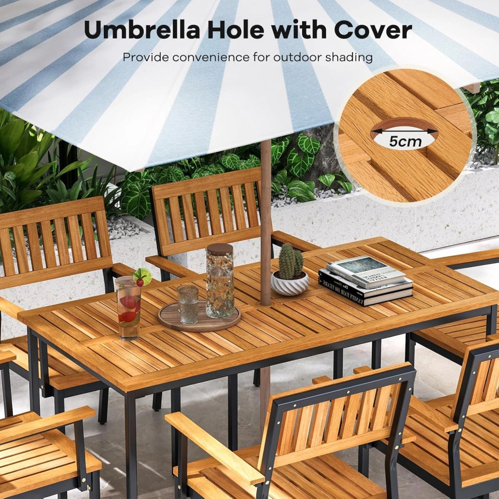 Tavolo da pranzo per esterni, 140 x 70 x 70 x 70 cm, con foro per ombrellone e tavolo in legno di acacia, per 6-8 persone, tavolo da cucina per giardino e casa