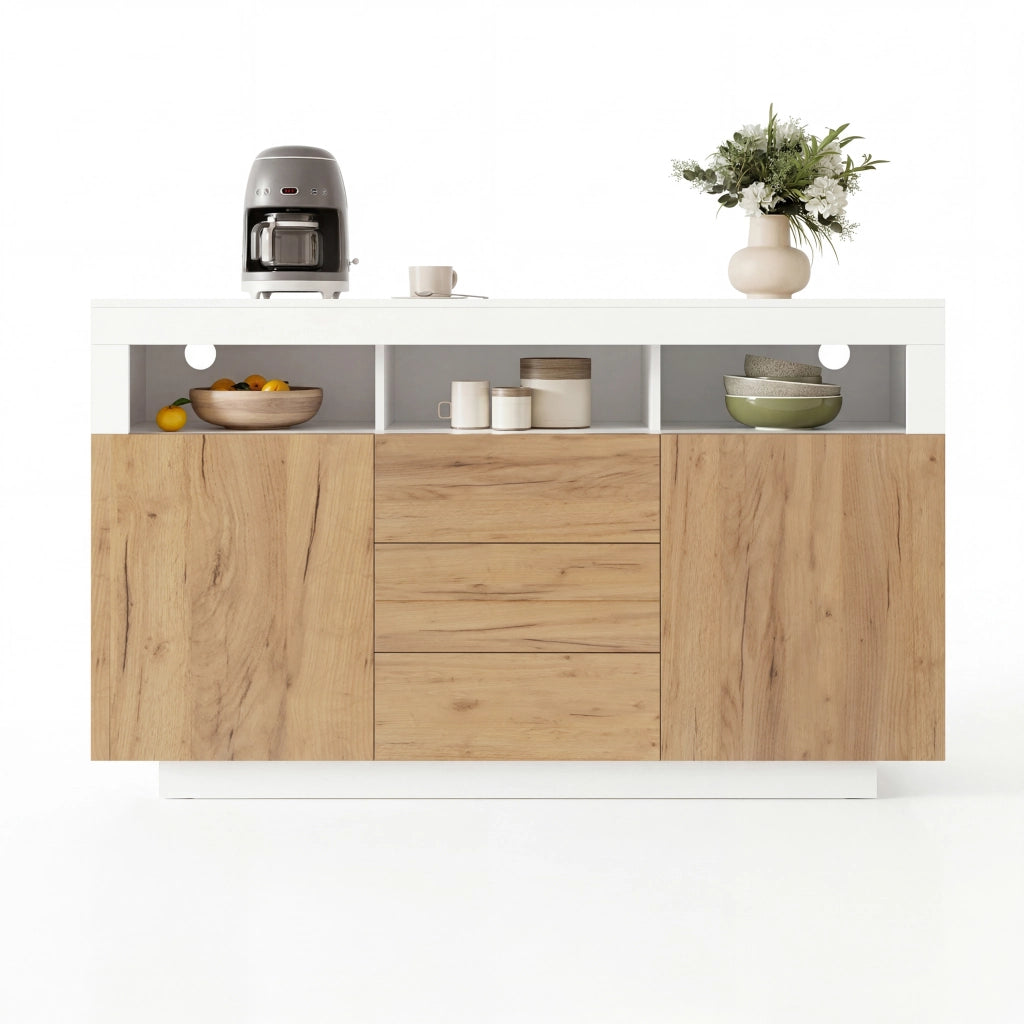 Credenza moderna con 3 cassetti, 2 ante e 3 ripiani aperti, colore bianco e naturale, 140 ¡Á 40 ¡Á 85 cm