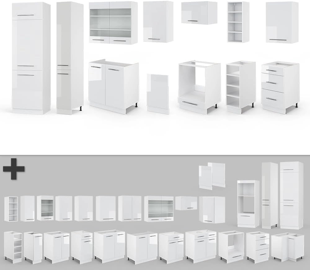 Cucina componibile Fame-Line, Bianco lucido/bianco, 355 cm senza piano di lavoro, adatto per l'espansione personalizzata con moduli aggiuntivi