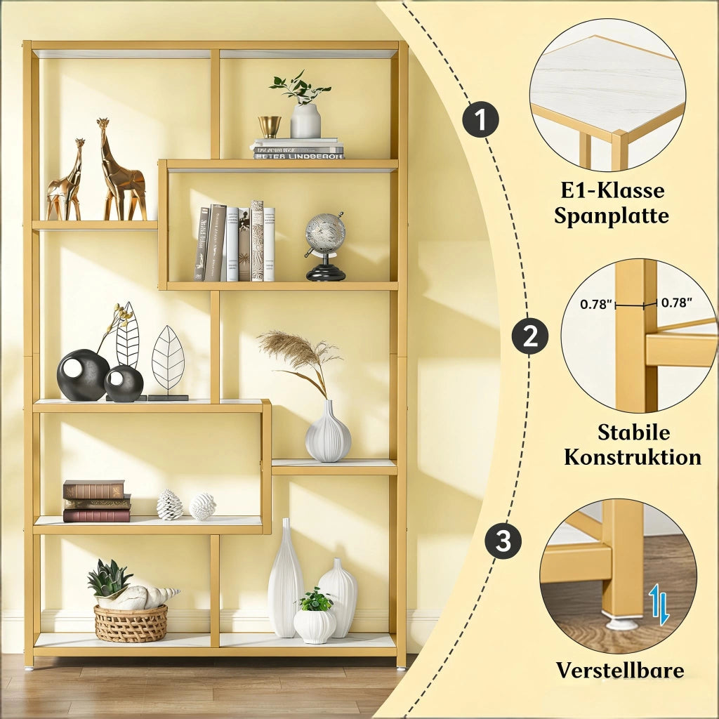 Libreria aperta moderna in metallo oro e pannelli effetto marmo bianco, 8 ripiani