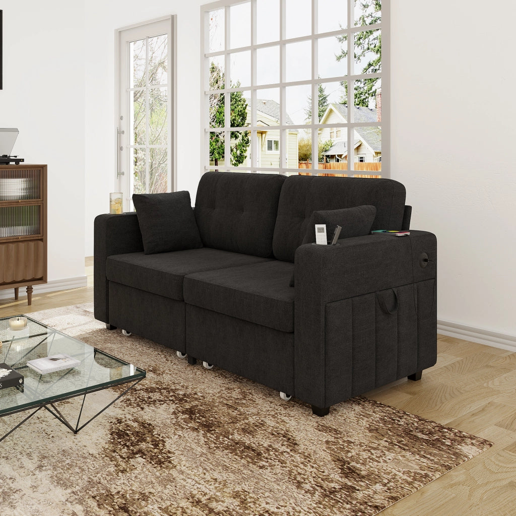 Divano a 2 posti con cassetti contenitore, portabicchieri e tasche laterali in ciniglia nera 172 × 75 × 82 cm