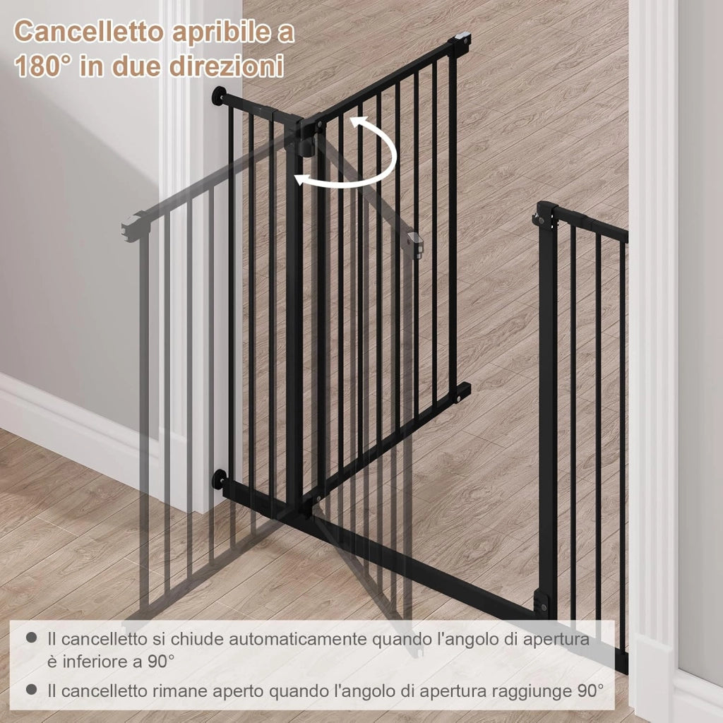 Cancelletto per Bambini in Metallo, Cancello per Scale e Porte 75-97 cm, per Cani, Apertura Bidirezionale, Chiusura Doppia, Montaggio con o senza Fori, Nero