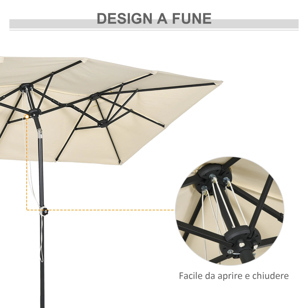 Ombrellone Doppio Inclinabile e Regolabile con Cordicella, in Poliestere e Metallo, 150x295x170-214 cm, Crema