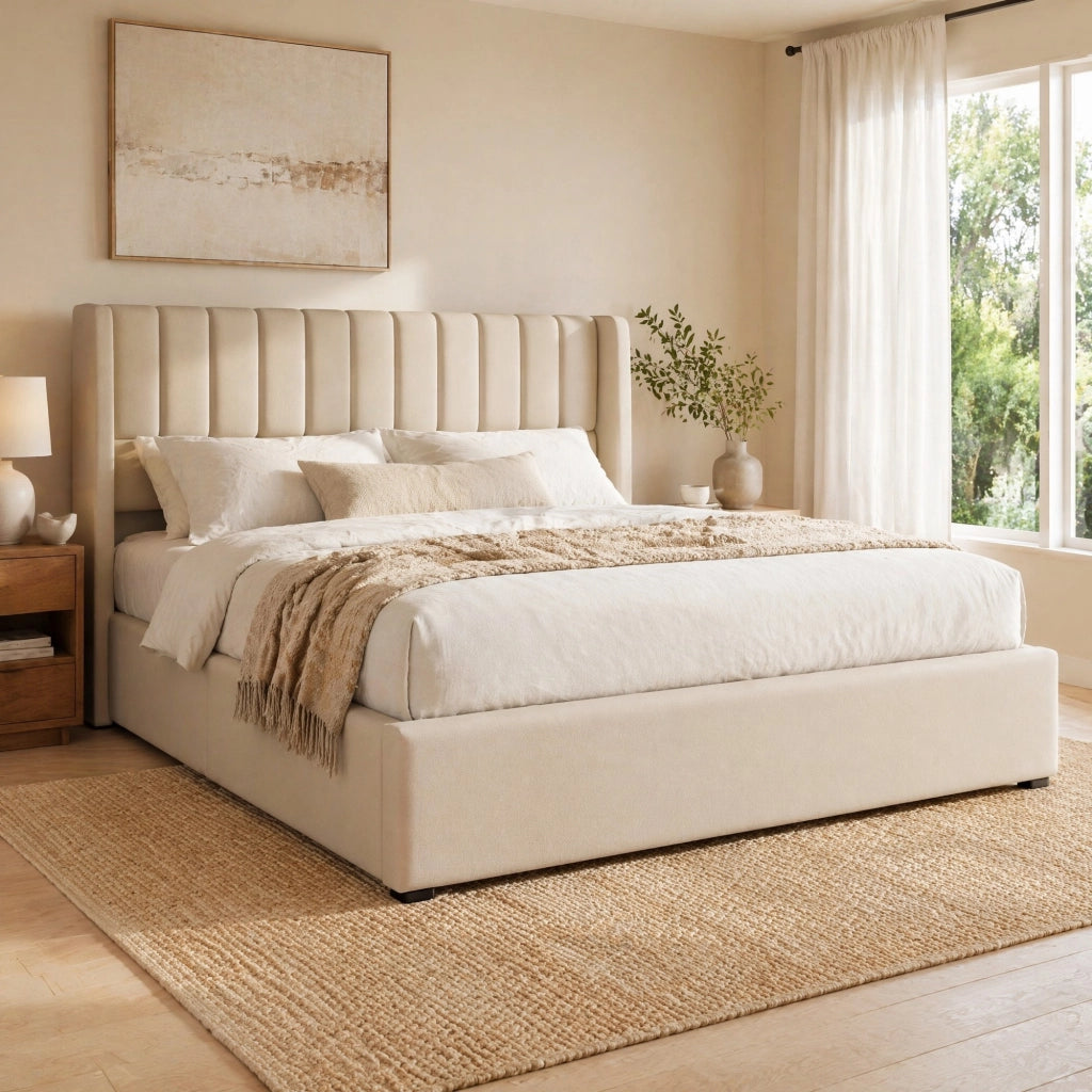 Letto contenitore imbottito idraulico 140x200 cm beige