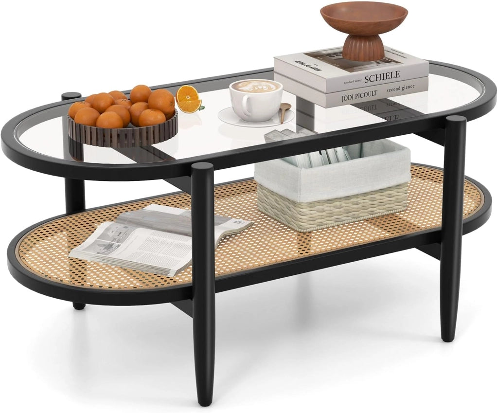 Tavolino da Caffè Salvaspazio, Tavolino da Divano a 2 Ripiani con Piano in Vetro Temperato, Struttura in Legno e Piedini Regolabili, per Soggiorno, Camera da Letto Ufficio, 102 X 56 X 46 CM