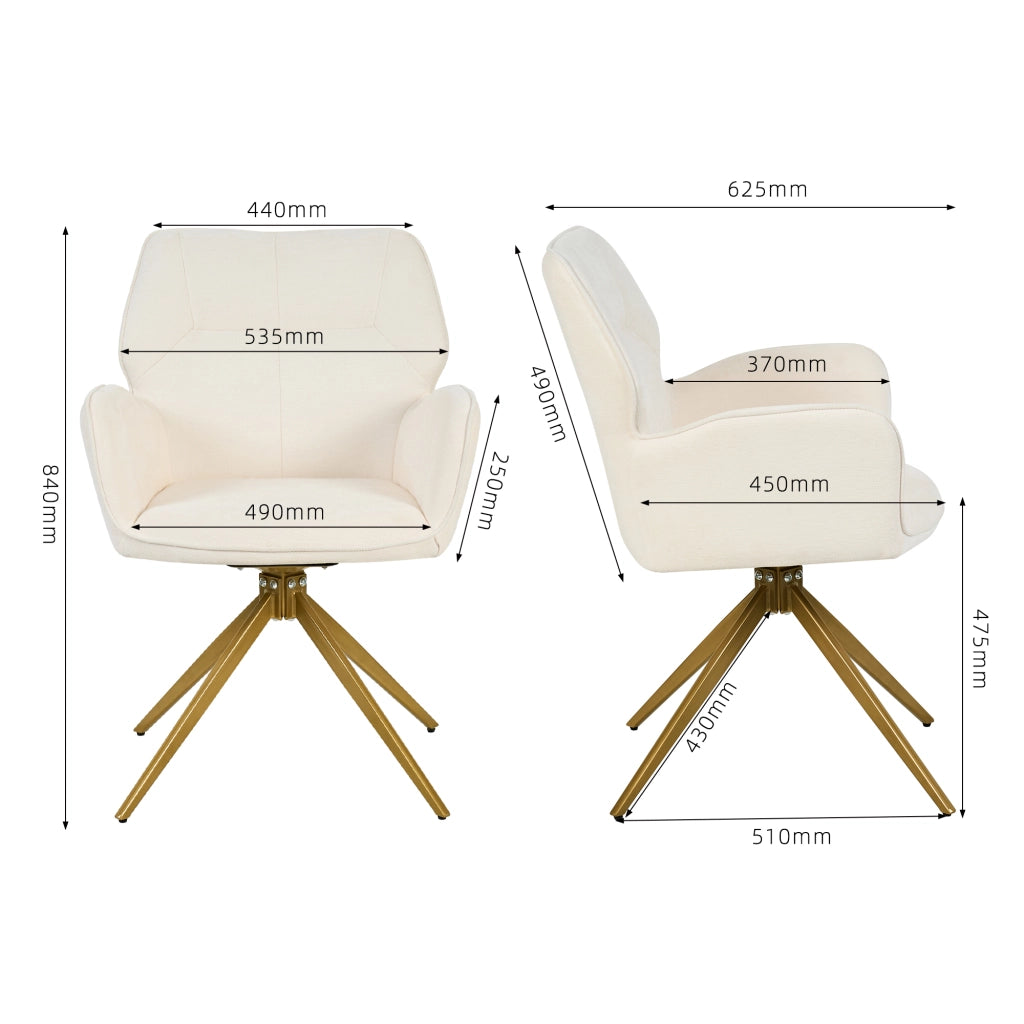 Set di 2 sedie girevoli da pranzo - con braccioli - in chenille e metallo - crema
