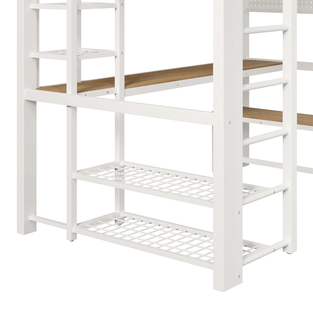 LETTO a soppalco 140x200 cm in metallo bianco con scrivania, LED e ripiani