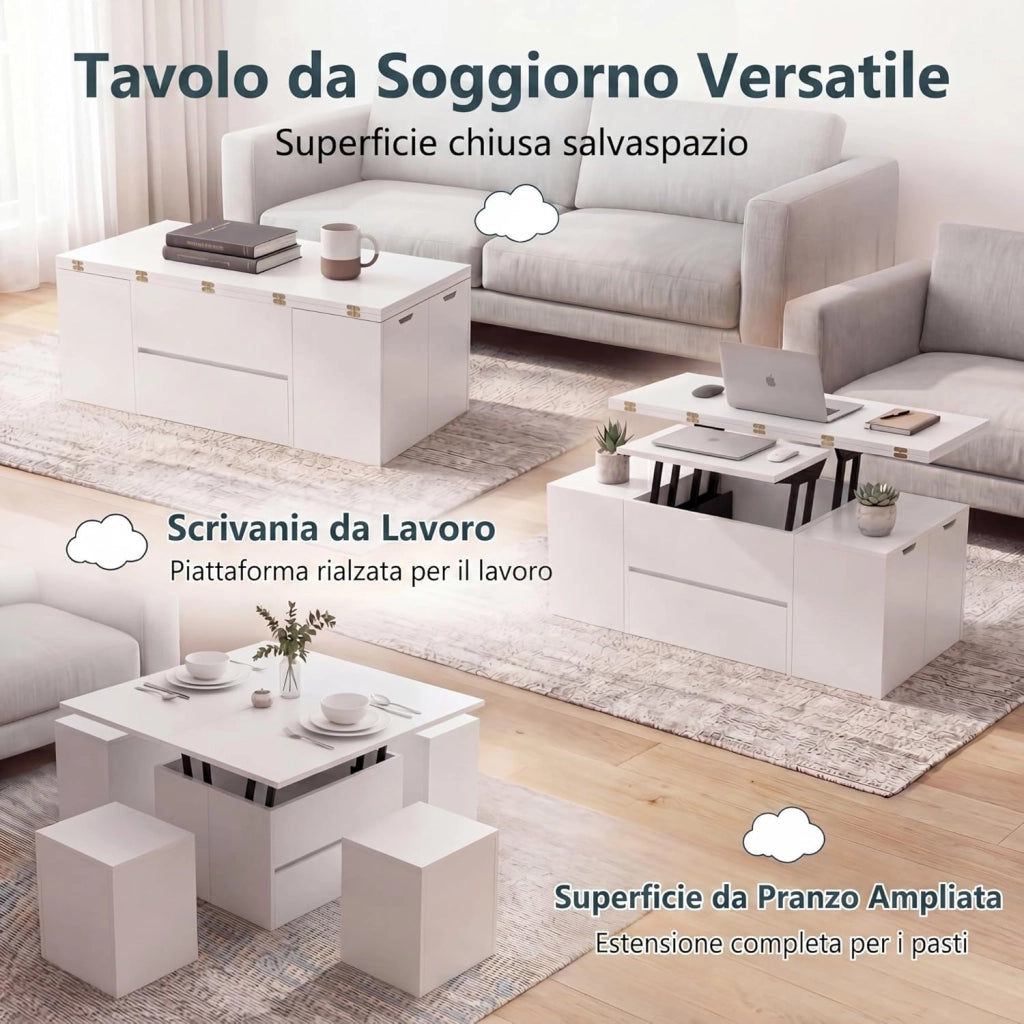 Tavolino da Caffè Sollevabile, Tavolini Salotto Moderno con 4 Sgabelli Ripiegabili, Vano Nascosto, 1 Cassetto, Carico 75 KG, Tavolo per Salotto, Ufficio, 100 X 100 X 62 CM (Bianco)