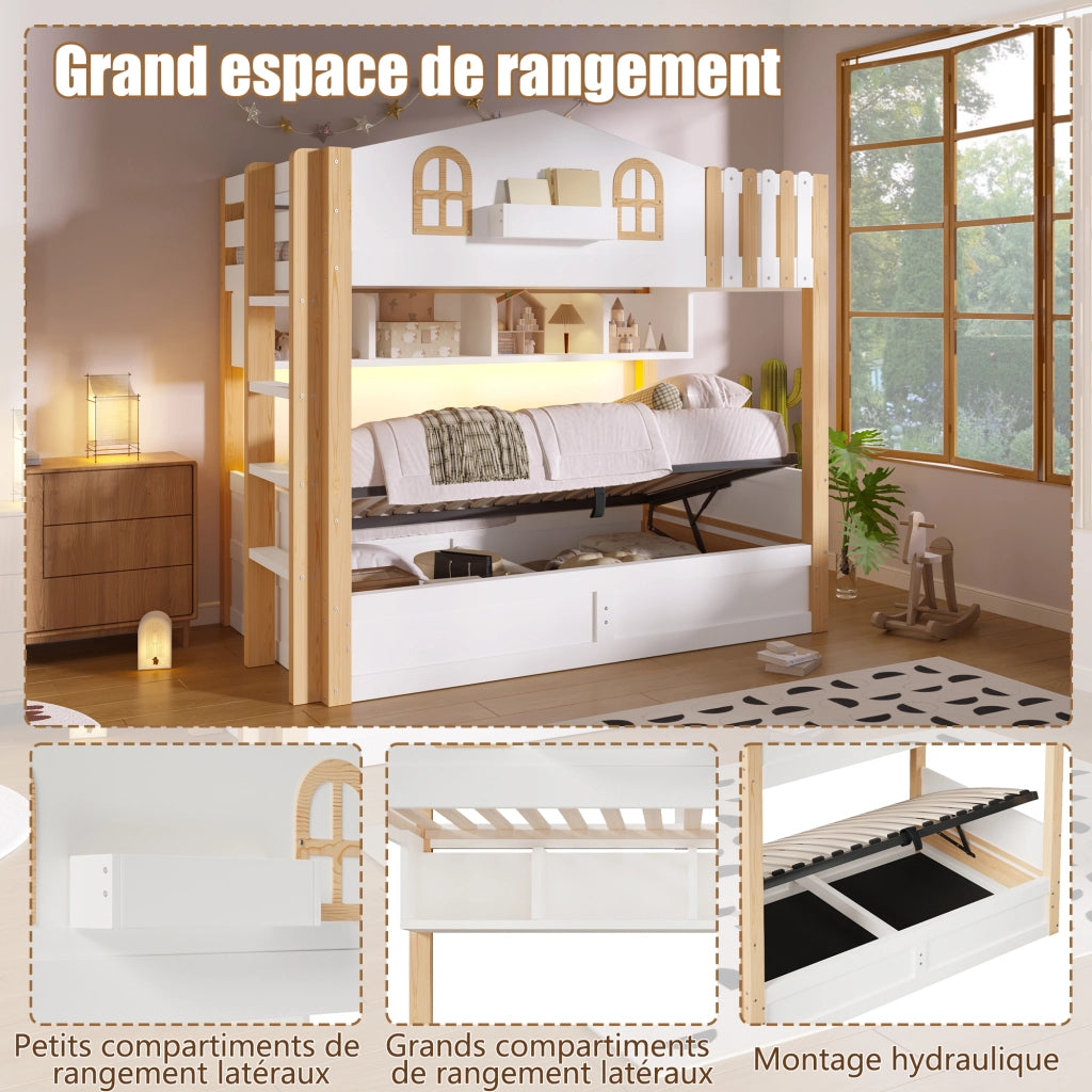 Letto a castello a casetta 90x200 cm con contenitore idraulico; LED; ripiano e scala reversibile; bianco e legno