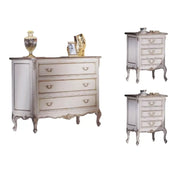 Gruppo cassettiera e comodini 3 cassetti classici legno shabby bianco argento - Mobili 2G