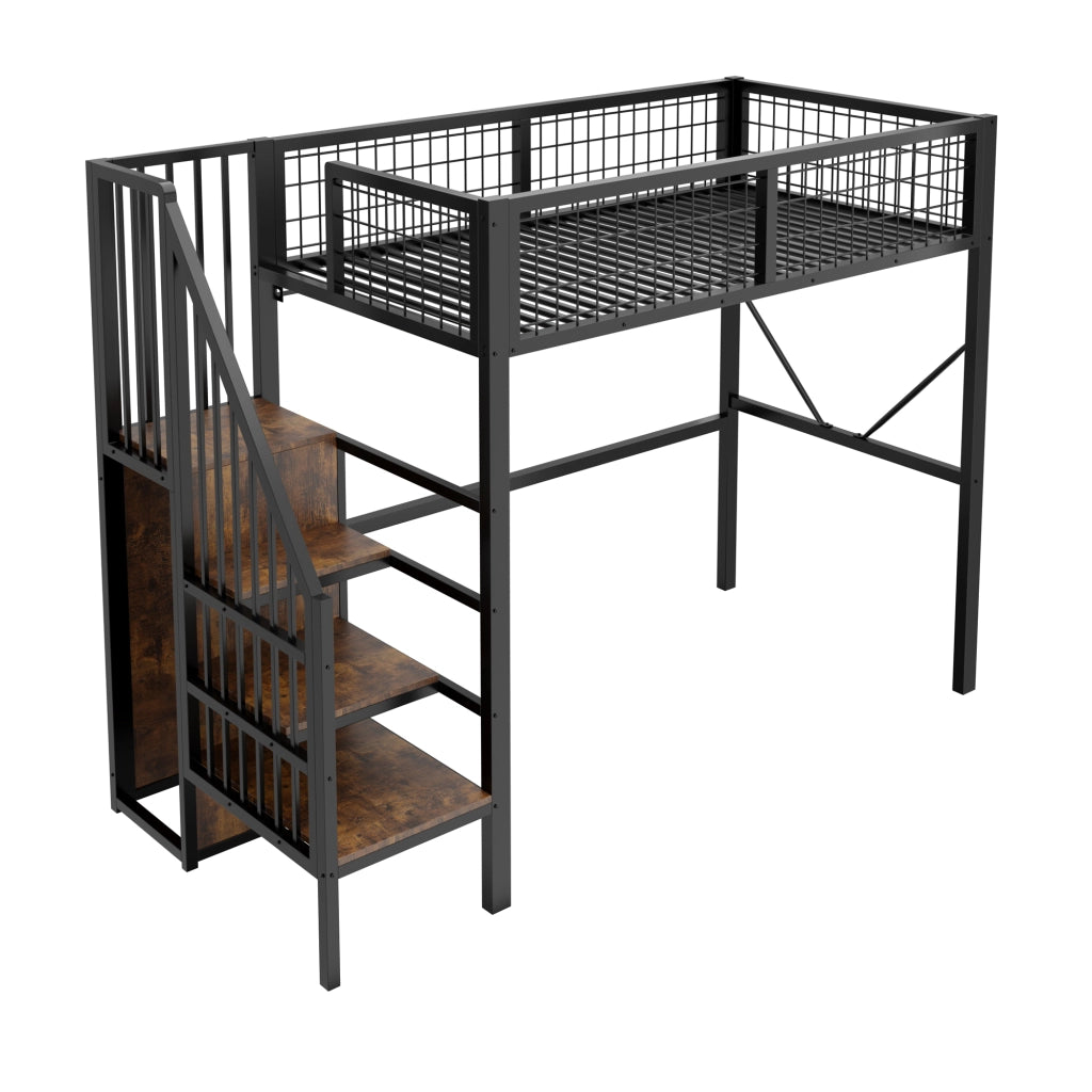 Letto a soppalco 90 × 200 cm 1 posto con scala contenitore, LED e barriera, senza materasso, nero