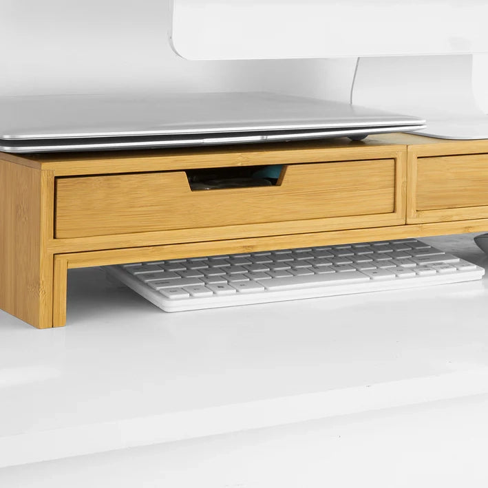 Supporto Monitor pc da scrivania per 2 Monitors Angoli Girevole con 2 cassetti e Gomma Antiscivolo in Legno massello di bambù BBF04-N