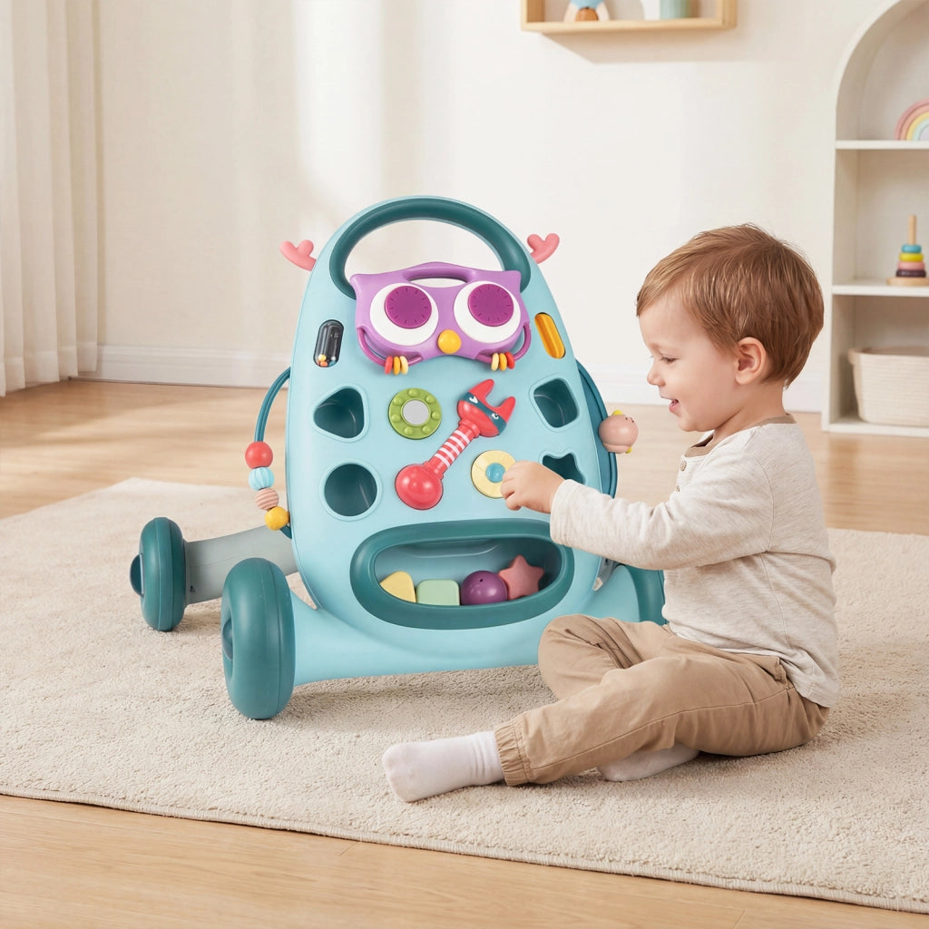 Camminatore montessori pulsante ovale rimovibile gioco forme maracas perline, Camminatore uccellino scorrevole 2 girandole bambini educativo Blu
