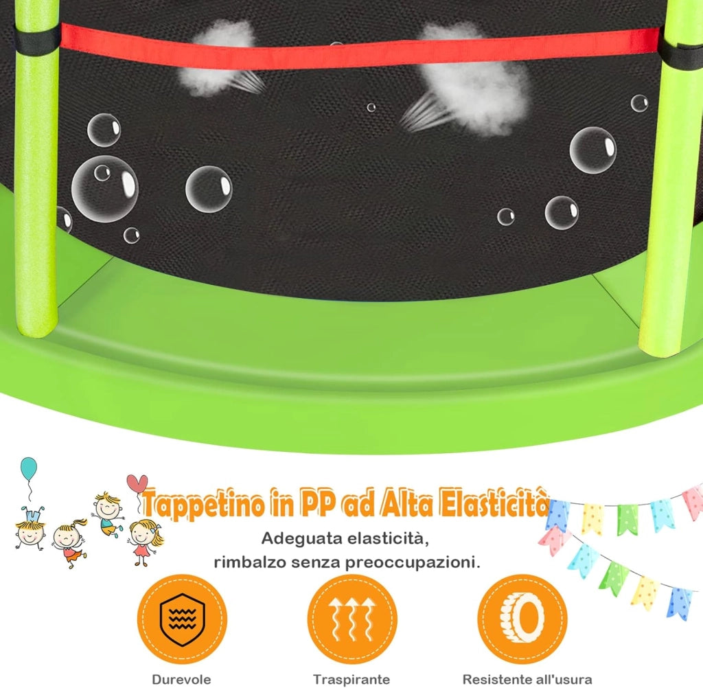 Trampolino Elastico Bambino in Acciaio, Tappeto Elastico Bambini da Esterno e da Interno, con Rete e Cusicnetti Antiscivolo（Verde)