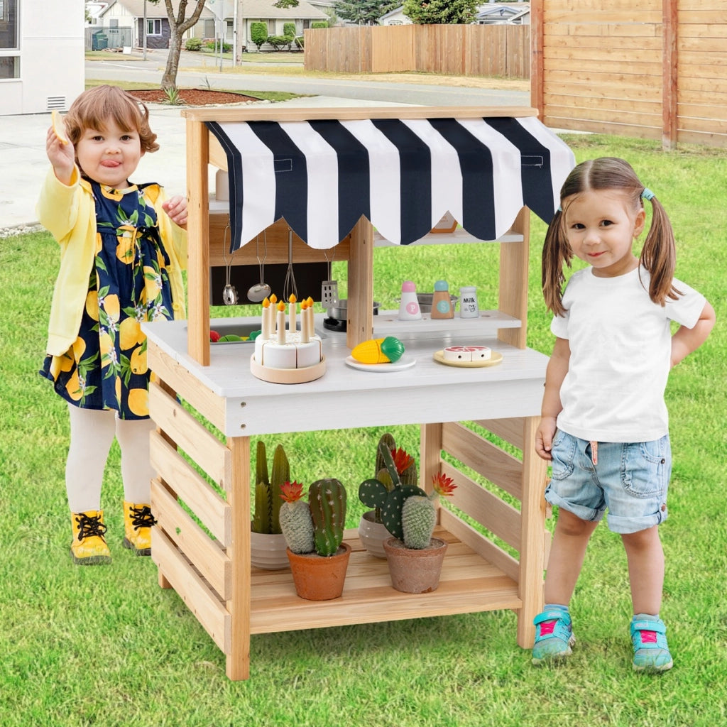Cucina giochi in legno a doppia faccia con lavandino vaschetta per l'acqua, Set di cucina per bambini dai 3+ anni Naturale-Cucine giocattoli