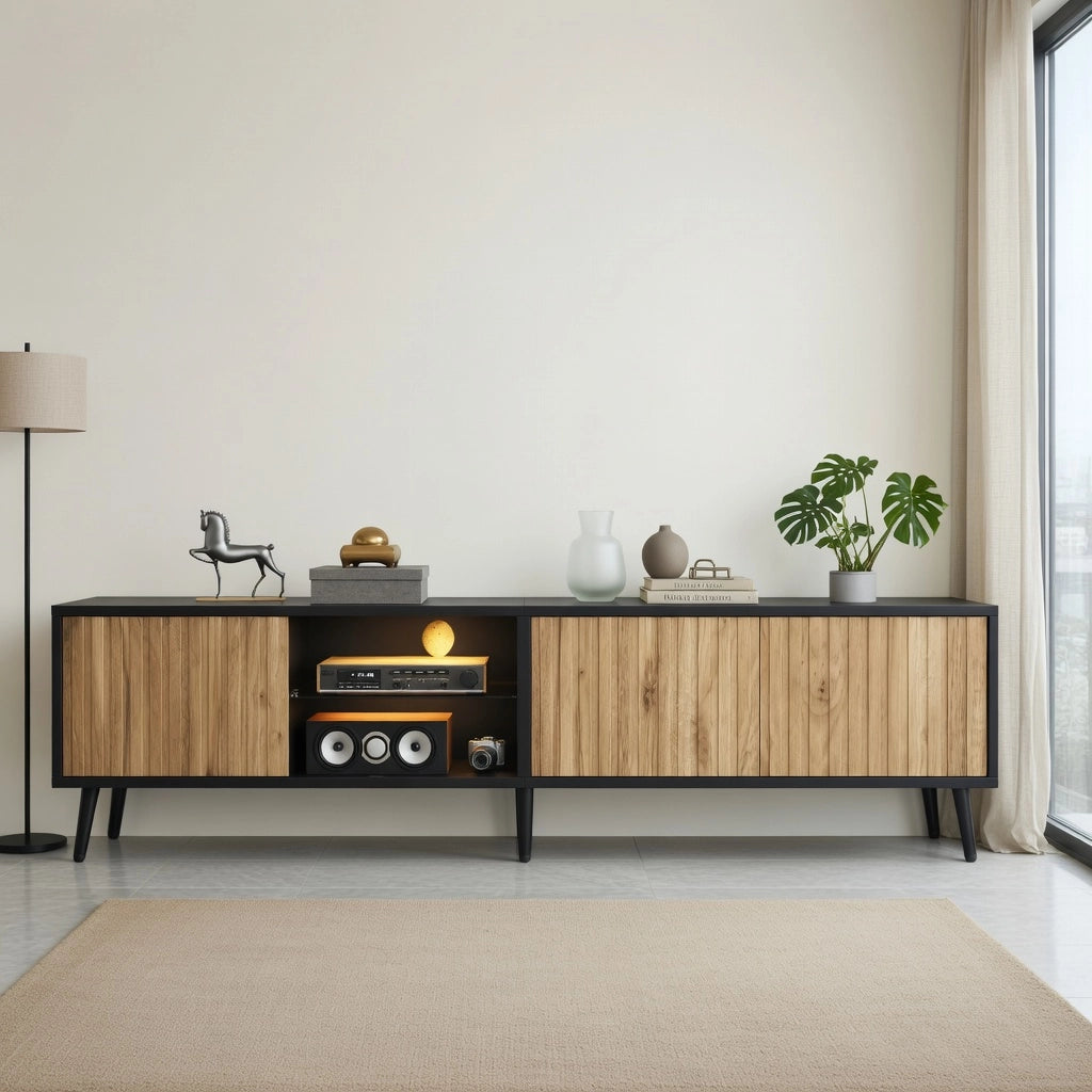 Cassettiera TV in truciolato naturale e nero 175 cm