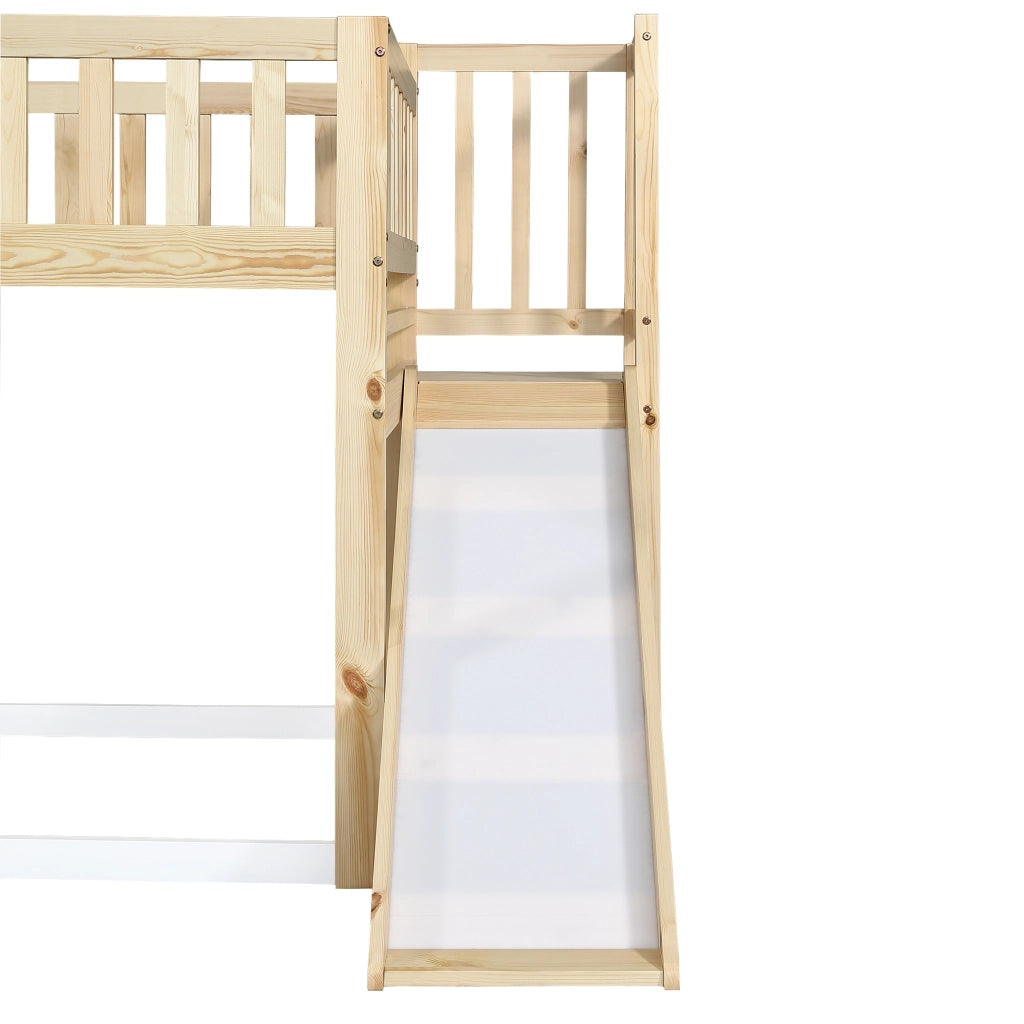 LETTO A CASTELLO con scivolo, tetto e finestra 90x200 cm legno naturale/bianco