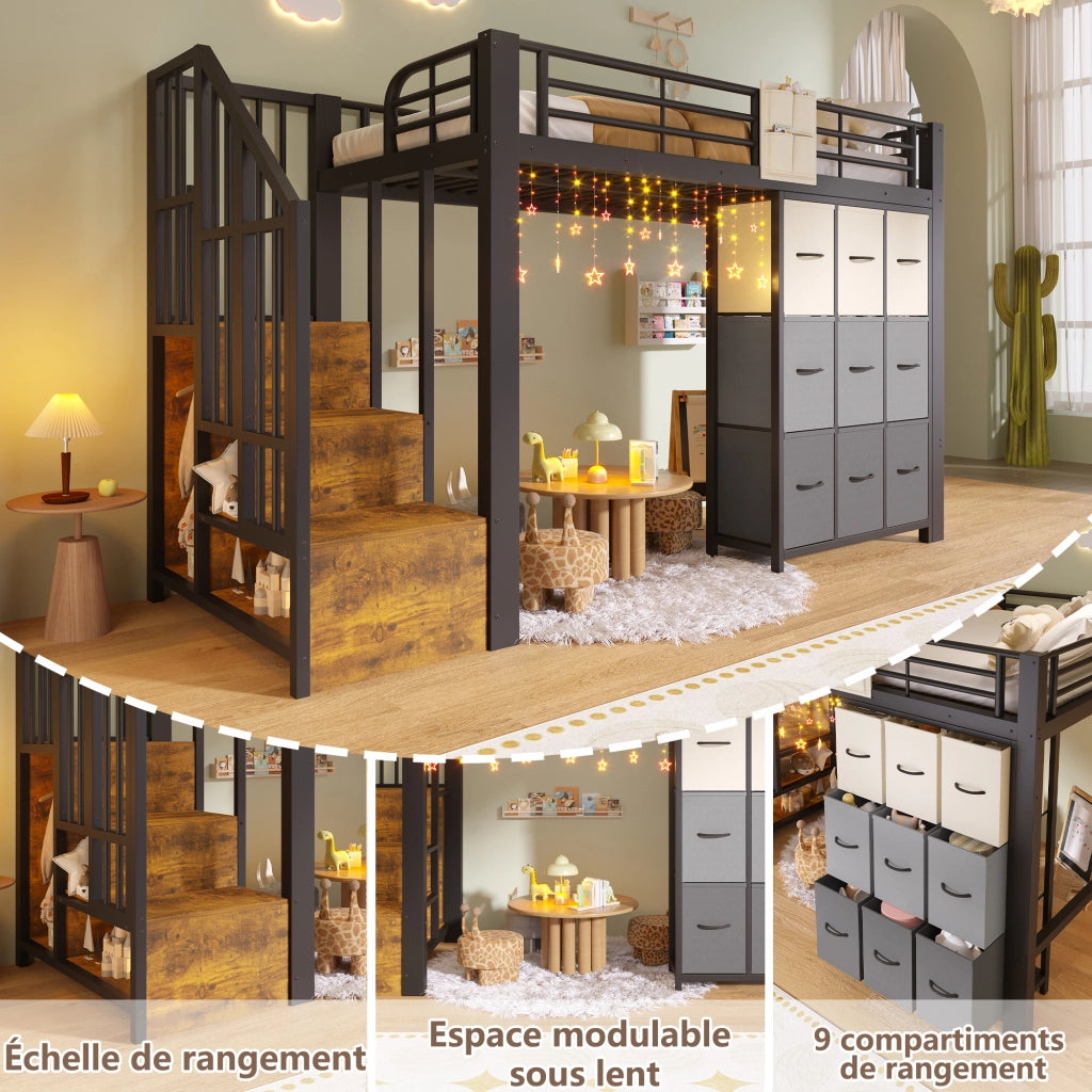 Letto a soppalco in metallo con cassetti e scala contenitore, 90x200 cm, nero