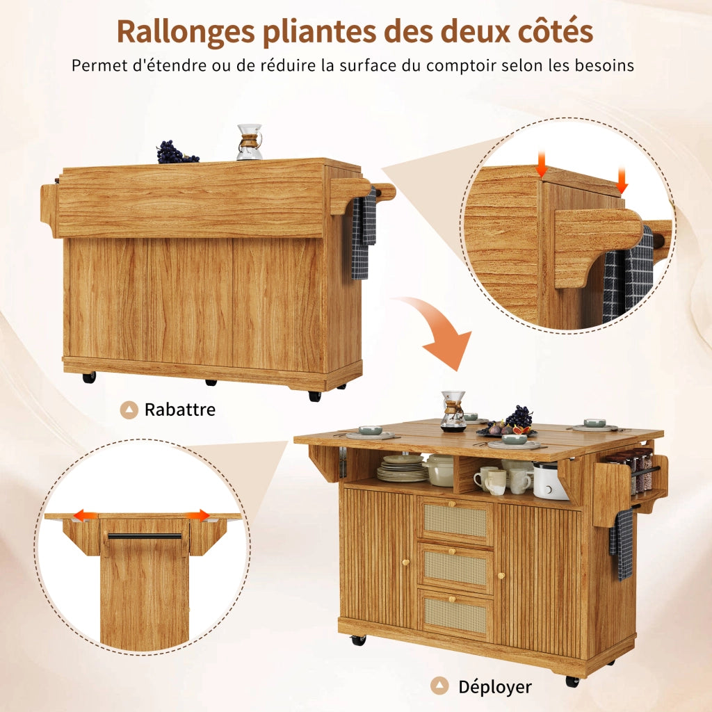 Carrello da cucina con 2 prolunghe ribaltabili; vani nascosti; cassetti in rattan PE; per cucina e balcone; 142.5 × 80 × 95 cm