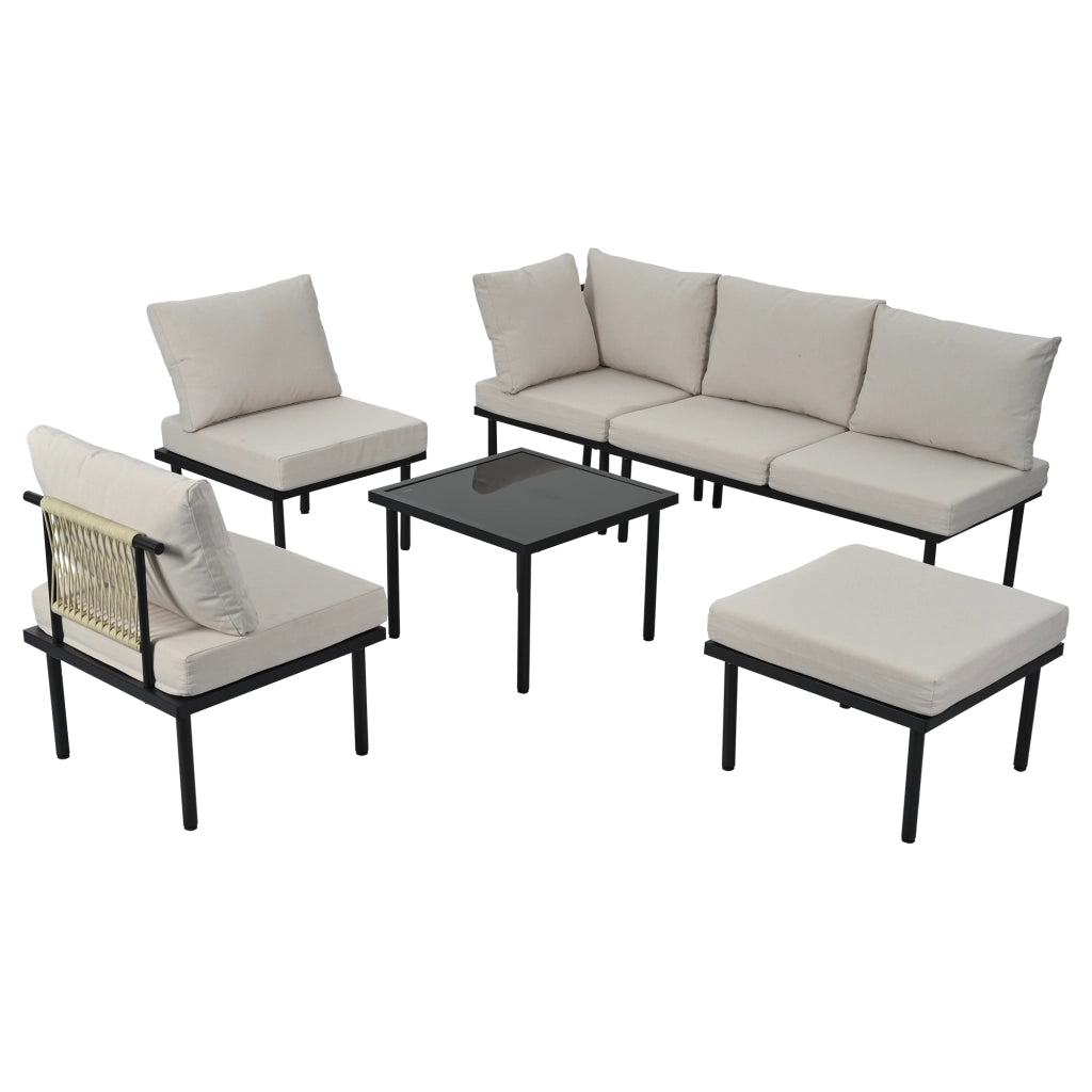 Set Lounge da Giardino 6 Pezzi con Cuscini ¨C MINIMAL ¨C Beige, Fune, Piano in Vetro