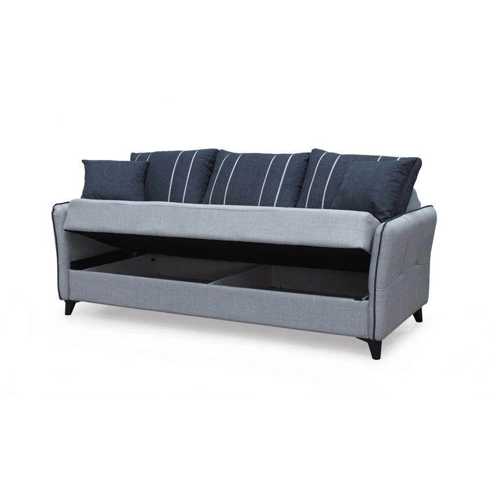 Divano 3 posti funzione letto contenitore Panama in tessuto grigio chiaro e cuscini grigio scuro 210x94x80h