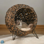 Cuccia per gatti in rattan PE con cuscino, base rialzata, marrone, 54 x 46 x 59 cm