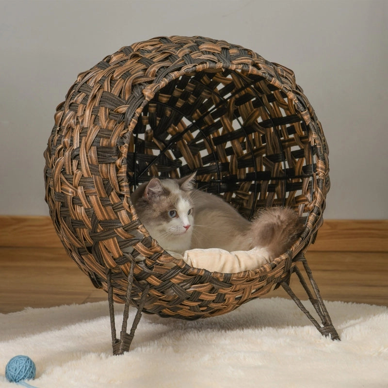 Cuccia per gatti in rattan PE con cuscino, base rialzata, marrone, 54 x 46 x 59 cm