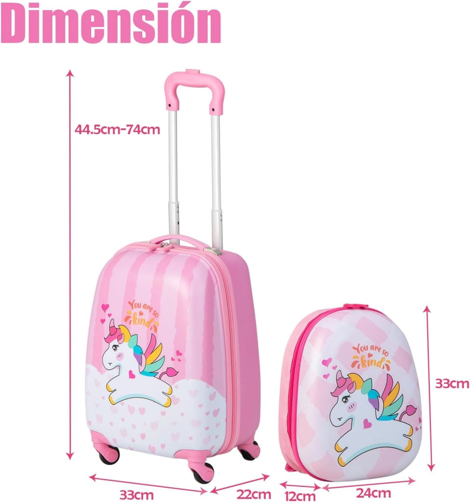 Set di Valigia 16’’ + Zaino 12’’ per Bambini 2 Pezzi, Bagagli 2-in-1 con Zainetto da Viaggio Aereo, Trolley con Maniglia Telescopica e 4 Ruote a 360° (Rosa Unicorno-A)