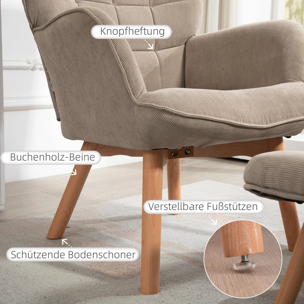 Poltrona relax con pouf in poliestere, colore khaki