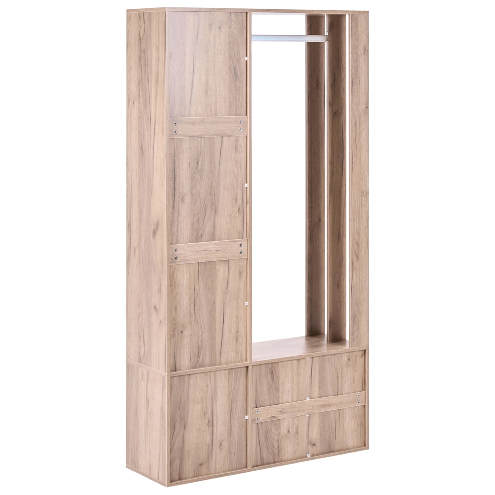 Armadio in truciolato marrone chiaro 100 x 35 x 190 cm con appendiabiti scarpiera mobile da ingresso ante a specchio stile moderno