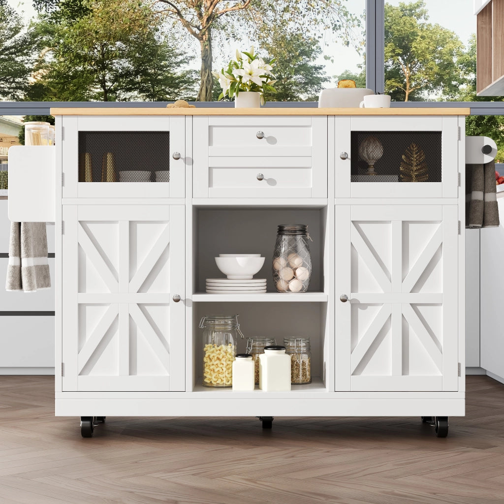 Carrello da Cucina con 2 Ante; 2 Cassetti; 2 Vani; Piano Ribaltabile; Portaasciugamani e Ruote; in MDF; 140 x 40 x 93.5 cm; Bianco